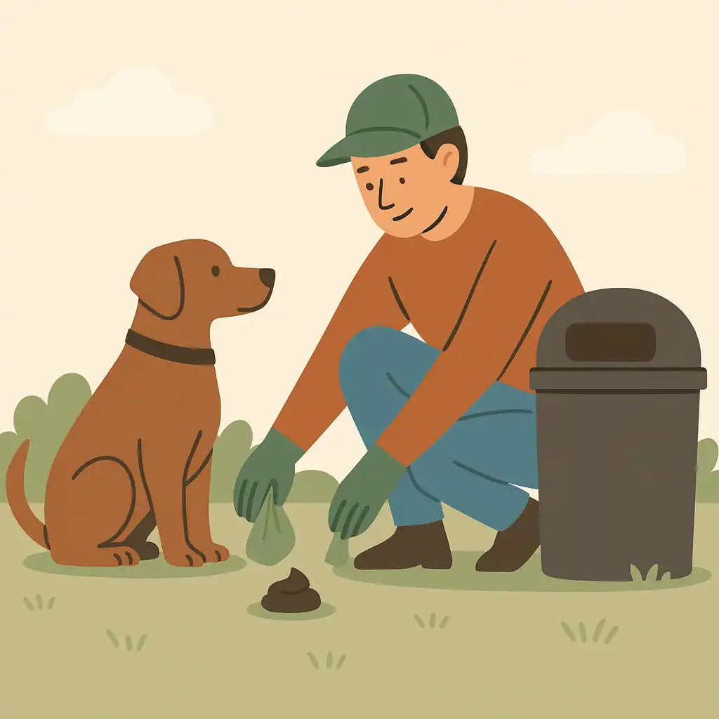 Illustratie van hondeneigenaar die hondenpoep opruimt met zakje en het weggooit in een afvalbak