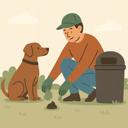 Illustratie van hondeneigenaar die hondenpoep opruimt met zakje en het weggooit in een afvalbak