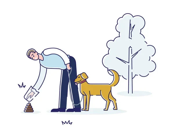 Illustratie van hondeneigenaar opruimt hondenpoep met zakje
