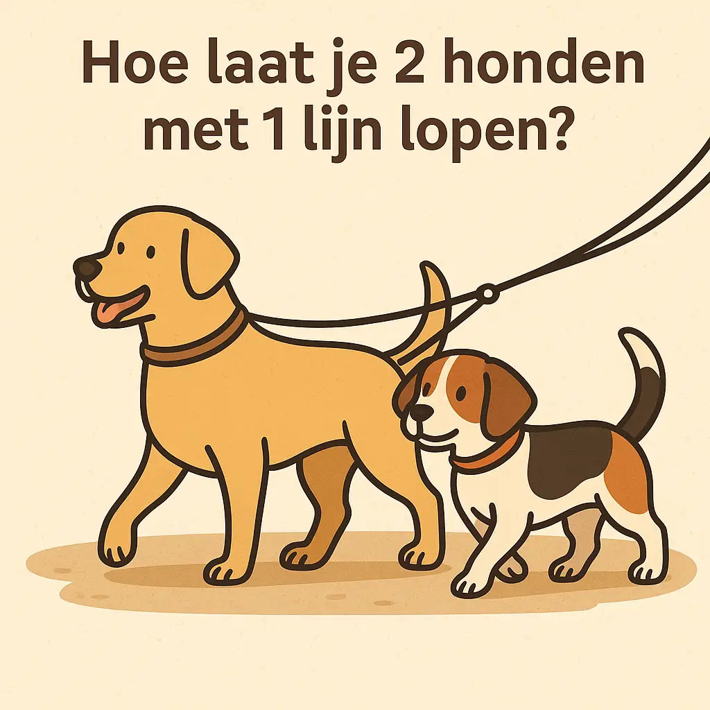 Cartoon illustratie van twee honden die samen naast elkaar lopen aan een dubbele hondenriem, geschikt voor blog over honden uitlaten met één lijn.